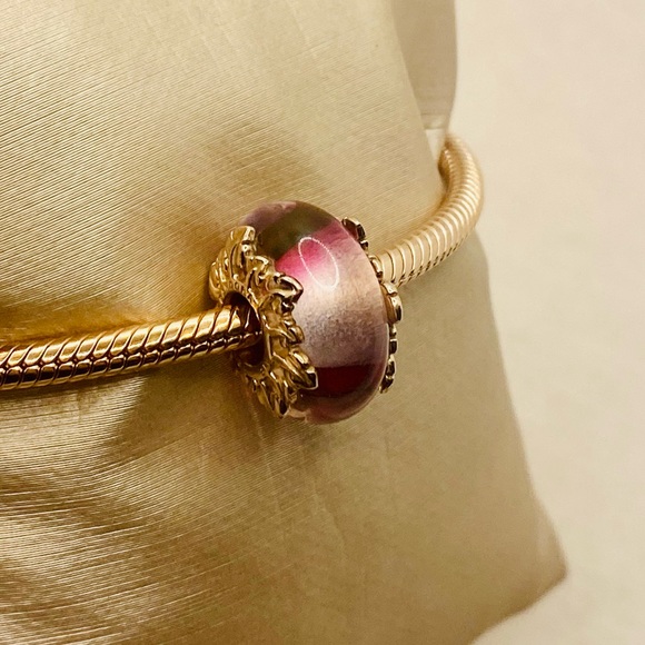 EUC Pandora 788244 Pandora Rose Pink Murano Glass & Leaves Charm - Picture 7 of 12